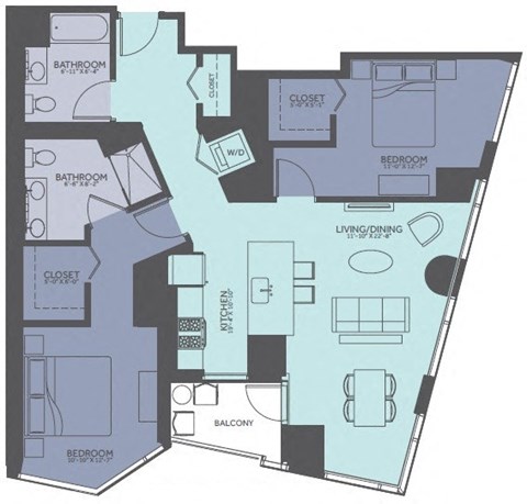 Floor plan for 2 beds, 2 baths, 1208 sqft